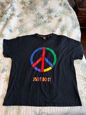 Nike Black Tee with Rainbow Peace Sign and 'Just Do It'
